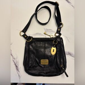Fossil Black Leather Crossbody with Gold Hardware